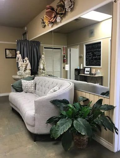The waiting room at The Face and Body Place: a grey couch, a tall potted plant and a mirrored wall.